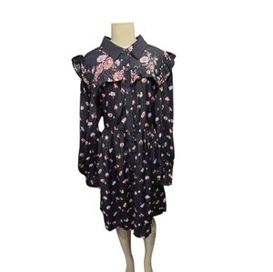 Jill Stuart Shirt Dress Women Black Floral Ruffle Pleated Collar Button Front L